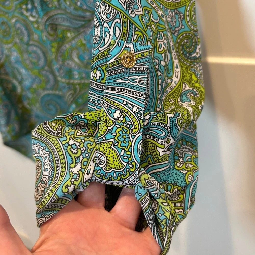 Michael Kors Turquoise Paisley‎ Print Roll Tab Sleeve Green Shirt XS MSRP $89